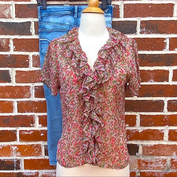 Poetry Spring Floral Ruffle Front Shirt - Size M - Picture 2 of 9